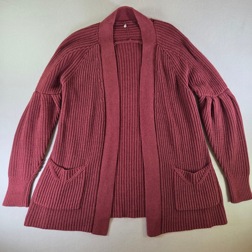 Knitted & Knotted Burgundy Ribbed Open Front Cardigan Balloon Sleeve Sweater S